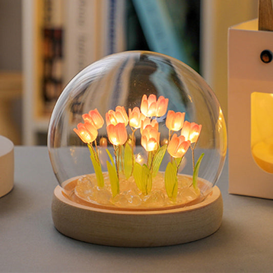 (Ten Blue Tulips) Glowing Tulip Dome Lamp -  Wooden Base, Bedside Table Decoration