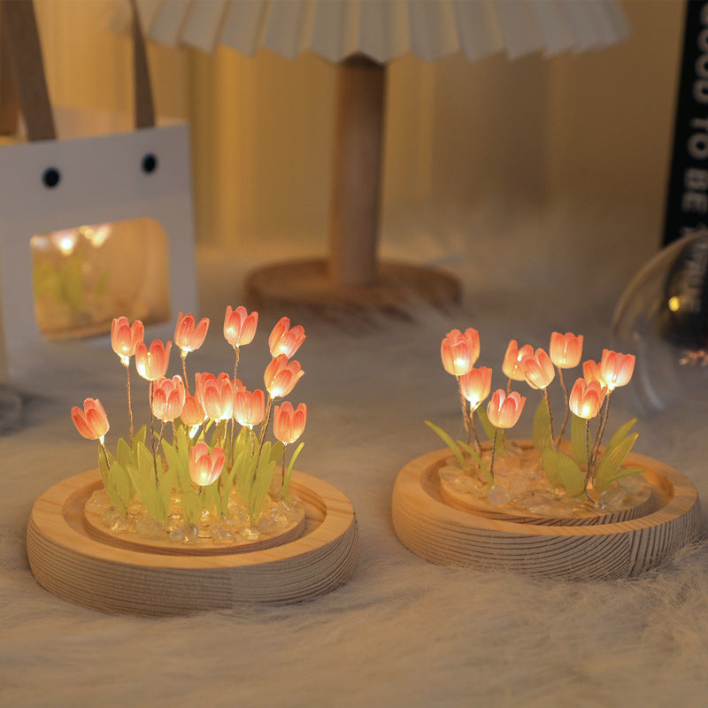 (Ten Blue Tulips) Glowing Tulip Dome Lamp -  Wooden Base, Bedside Table Decoration