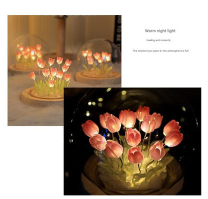 (Ten Blue Tulips) Glowing Tulip Dome Lamp -  Wooden Base, Bedside Table Decoration
