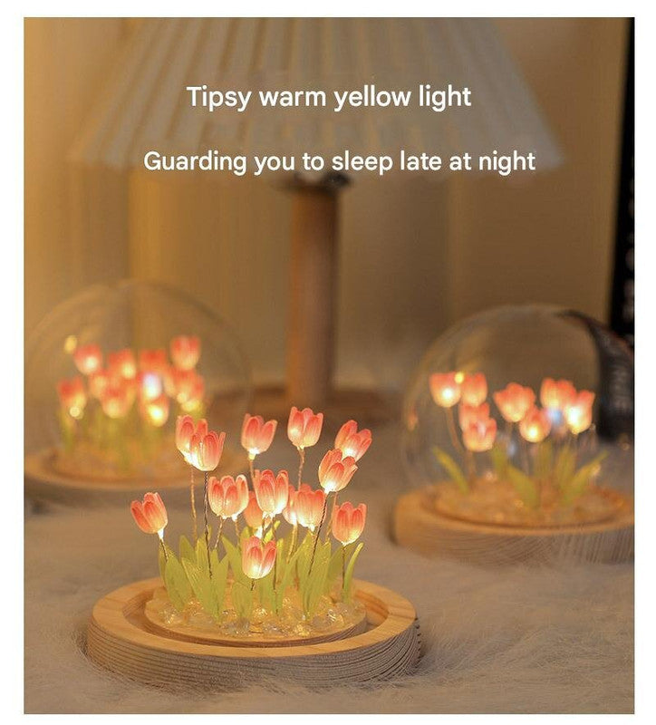 (Ten Blue Tulips) Glowing Tulip Dome Lamp -  Wooden Base, Bedside Table Decoration