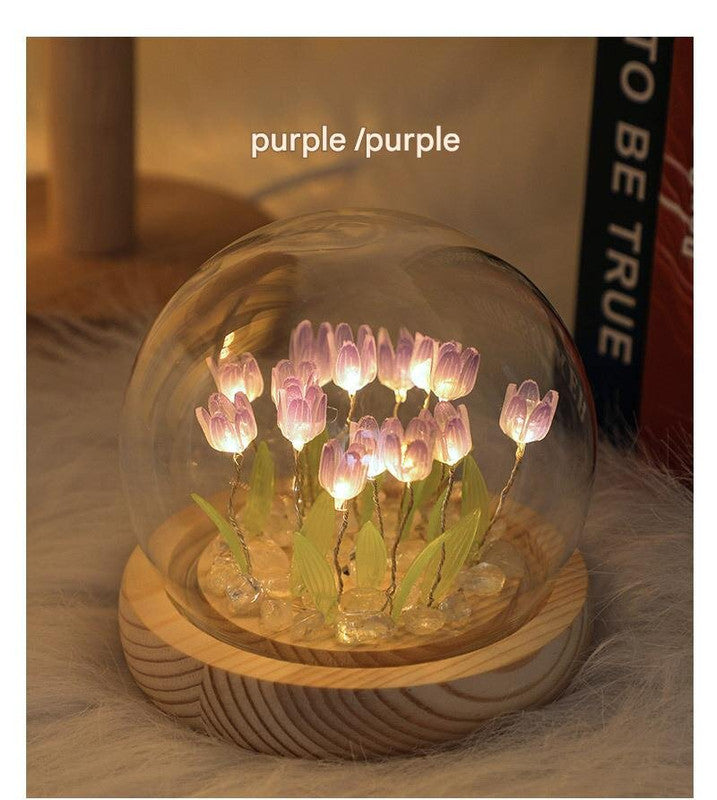 (Ten Purple Tulips) Glowing Tulip Dome Lamp -  Wooden Base, Bedside Table Decoration