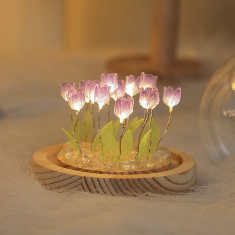 (Sixteen Purple Tulips) Glowing Tulip Dome Lamp -  Wooden Base, Bedside Table Decoration