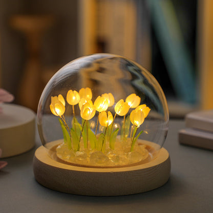 (Twenty Yellow Tulips) Glowing Tulip Dome Lamp -  Wooden Base, Bedside Table Decoration