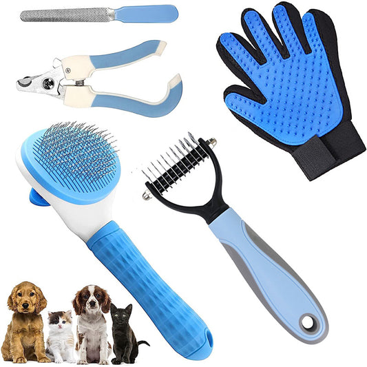 Blue 5-Piece Pet Grooming Kit - Cat & Dog Brushes, Nail Clippers & More