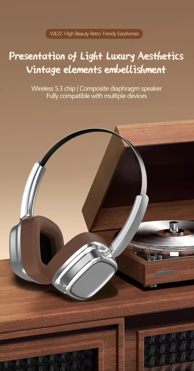 Silver And Brown Compact Retro Headphones - Wireless Bluetooth, Deep Bass, Immersive Sound