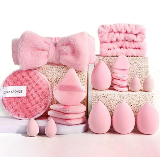 3 Pcs Pink 20PC Makeup Sponge Set - Flannel Headband, Crystal Velvet Puffs, Non-Latex Beauty Blenders for Flawless Application