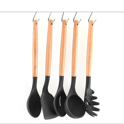 Dark Grey And Brown 12-Piece Silicone Kitchen Utensil Set - Non-Stick Food-Grade Silicone Cooking Tools with Wooden Handles and Holder