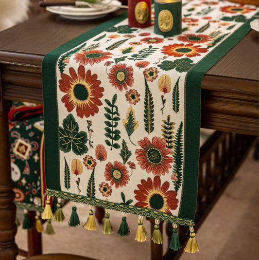 35x240cm Green Pastoral Table Runner - Spring Floral Oil Painting Style with Tassels