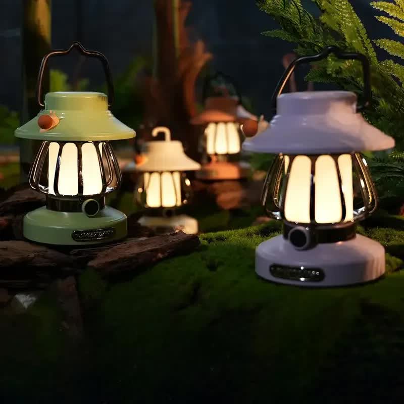 Green Retro Snail Night Light - Portable Rechargeable Camping Lantern with Hook, 3-Color Dimming