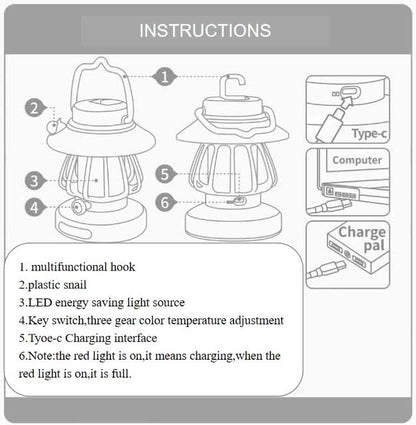 Green Retro Snail Night Light - Portable Rechargeable Camping Lantern with Hook, 3-Color Dimming
