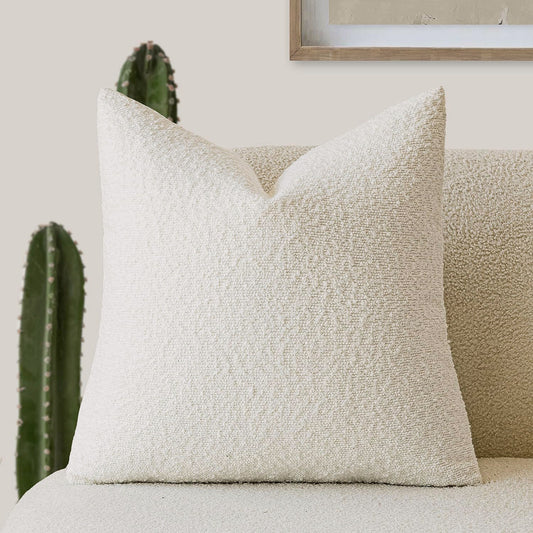 2 Pcs White Luxury Boucle Pillow Cover - Solid Color Faux Shearling Cushion Case for Sofa, 45x45cm, 230g (Pillow Insert Not Included)