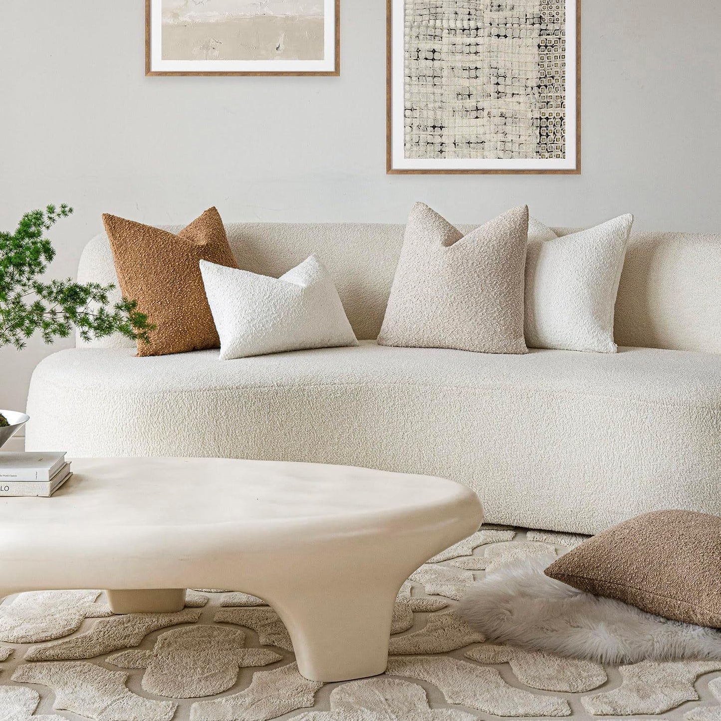 2 Pcs White Luxury Boucle Pillow Cover - Solid Color Faux Shearling Cushion Case for Sofa, 45x45cm, 230g (Pillow Insert Not Included)