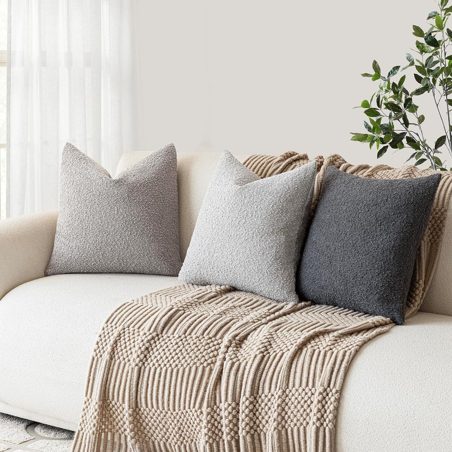 2 Pcs White Luxury Boucle Pillow Cover - Solid Color Faux Shearling Cushion Case for Sofa, 45x45cm, 230g (Pillow Insert Not Included)