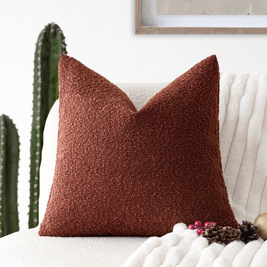 2 Pcs Brick Red Luxury Boucle Pillow Cover - Solid Color Faux Shearling Cushion Case for Sofa, 45x45cm, 230g (Pillow Insert Not Included)