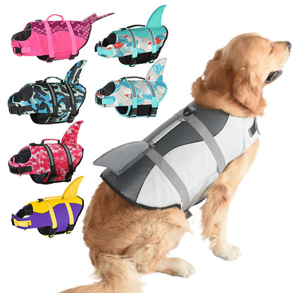 Size M Blue Camouflage Pattern Pet Life Jacket for Dogs - Summer Swimming Safety Vest with Shark Fin for Small to Large Breeds