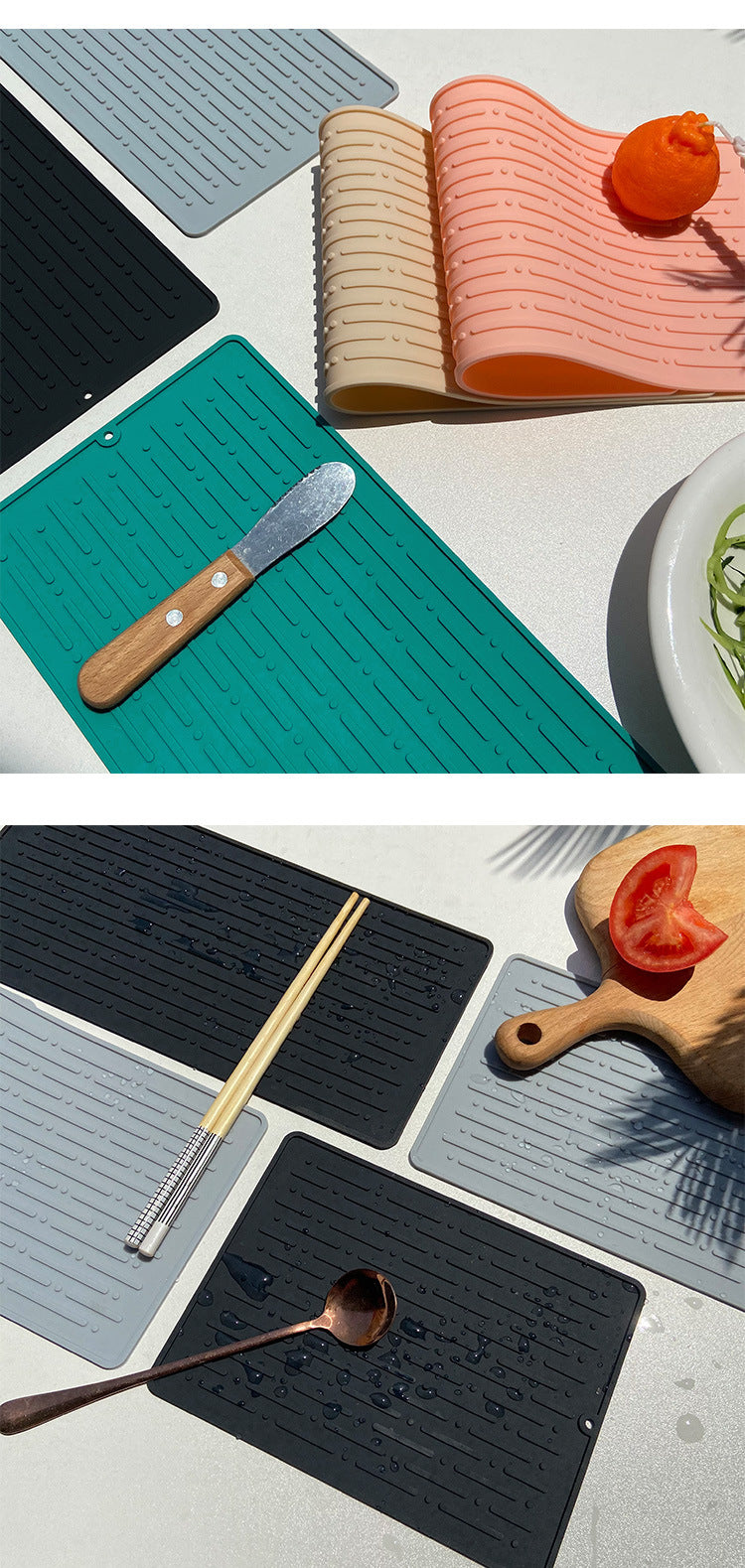40.5*14.5CM Grey Silicone Draining Mat 4-Pack - Heat-Resistant Non-Slip Kitchen and Bathroom Pad for Cups and Utensils