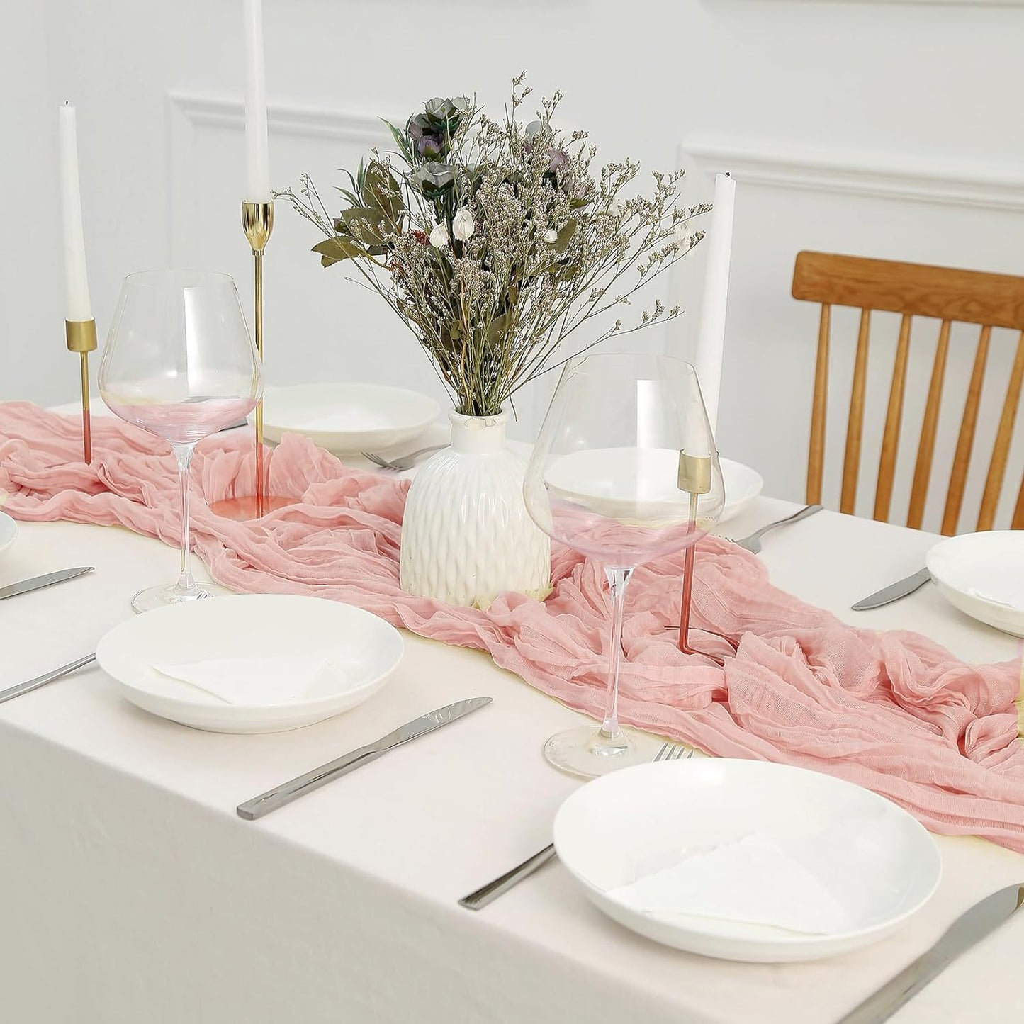 Dark Pink Bohemian Gauze Table Runner 2-Pack - Polyester Fabric for Party and Birthday Table Decor