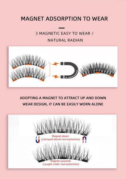 Style 1 Black Magnetic False Eyelashes Kit - 3 Pairs with Applicator Clip and Mirror Case