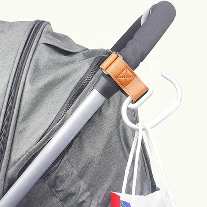 Blue Stroller Hooks 4-Pack - Leather and Alloy Pram Hooks with Velcro for Mom Bags and Accessories