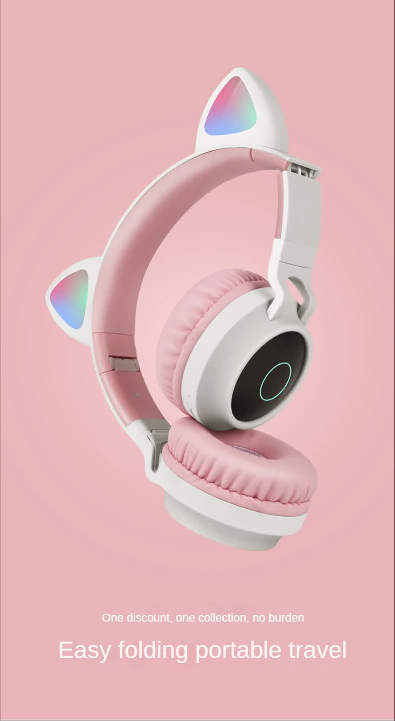 Purple And Pink Cat Ear Bluetooth Headphones with LED Lights - Wireless, Foldable