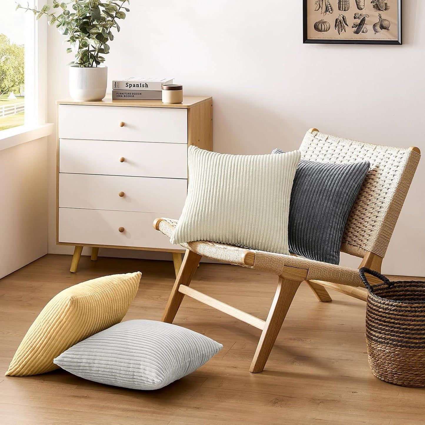 Beige Plush Striped Pillow Covers 45x45cm - Set of 4 Corduroy-Style Cushion Covers with Invisible Zipper, Soft and Washable for Sofa Decor