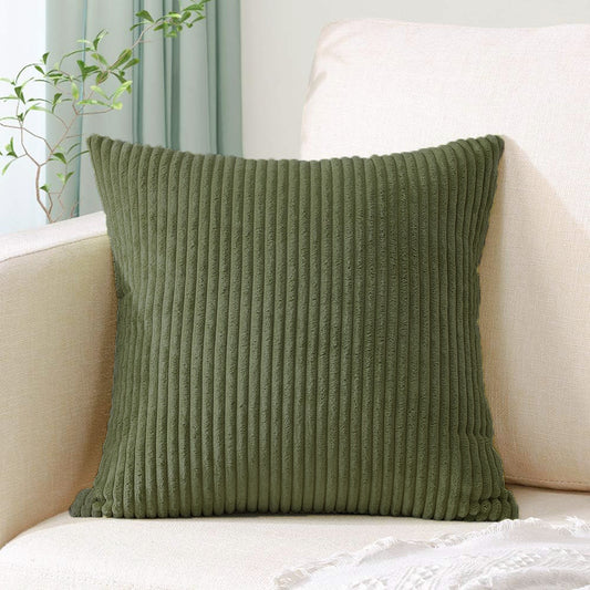 Green Plush Striped Pillow Covers 45x45cm - Set of 4 Corduroy-Style Cushion Covers with Invisible Zipper, Soft and Washable for Sofa Decor