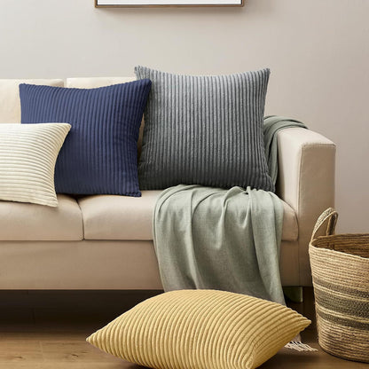 Dark Grey Plush Striped Pillow Covers 45x45cm - Set of 4 Corduroy-Style Cushion Covers with Invisible Zipper, Soft and Washable for Sofa Decor