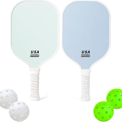 Light Blue Fiberglass Pickleball Paddle Set - 2 Minimalist Paddles, 4 Balls, and Carry Bag for Outdoor Play
