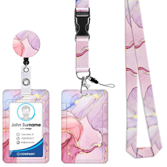 2 Pcs Pink Geometric Patterns Retractable Badge Reel & ID Card Holder Set with Lanyard - Durable ABS Plastic