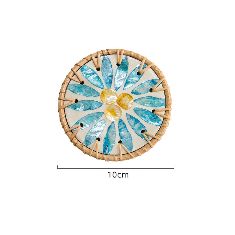 4 Pcs Beige Background With Blue flower Handcrafted Rattan Coaster with Natural Shell Inlay - Decorative & Heat Insulating Drink Mat