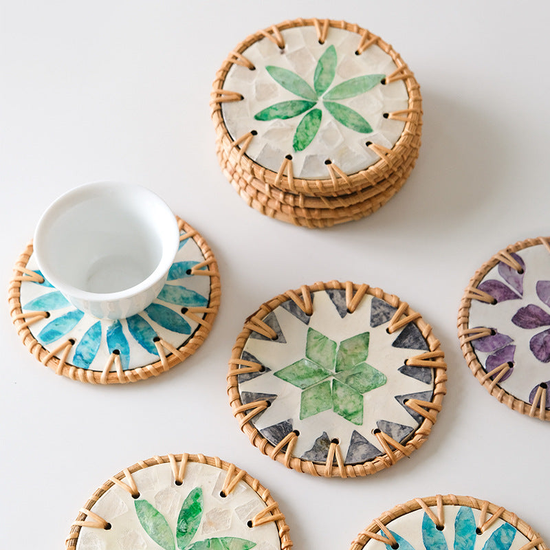 4 Pcs Beige Background With Blue flower Handcrafted Rattan Coaster with Natural Shell Inlay - Decorative & Heat Insulating Drink Mat