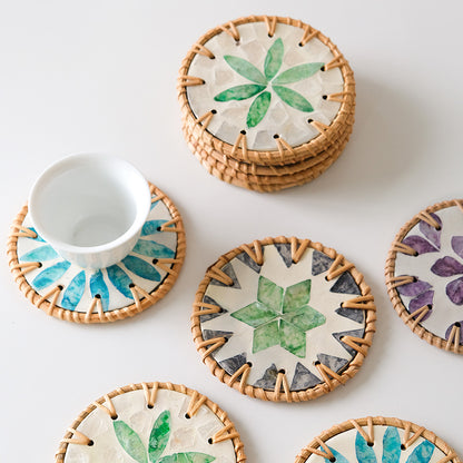 4 Pcs Beige Background With Purple flower Handcrafted Rattan Coaster with Natural Shell Inlay - Decorative & Heat Insulating Drink Mat