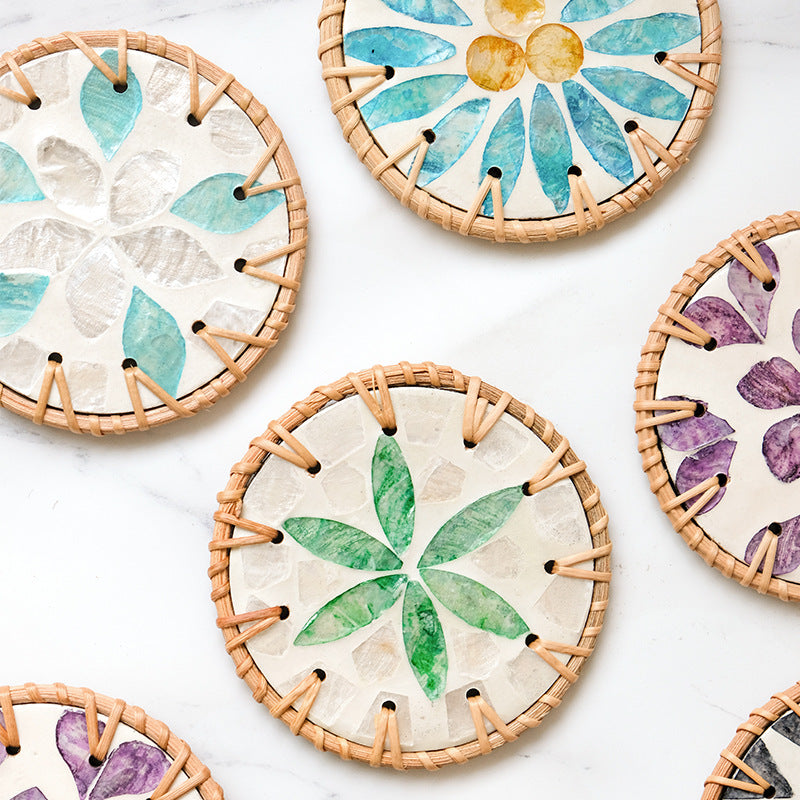 4 Pcs Beige Background With Purple flower Handcrafted Rattan Coaster with Natural Shell Inlay - Decorative & Heat Insulating Drink Mat