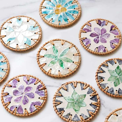 4 Pcs Beige Background With Purple flower Handcrafted Rattan Coaster with Natural Shell Inlay - Decorative & Heat Insulating Drink Mat
