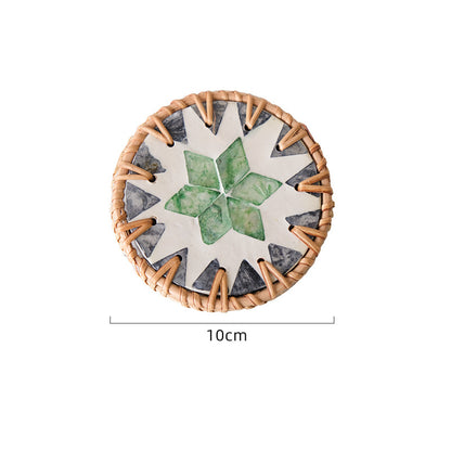 4 Pcs Beige Background With Green flower Handcrafted Rattan Coaster with Natural Shell Inlay - Decorative & Heat Insulating Drink Mat