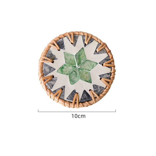 4 Pcs Beige Background With Green flower Handcrafted Rattan Coaster with Natural Shell Inlay - Decorative & Heat Insulating Drink Mat