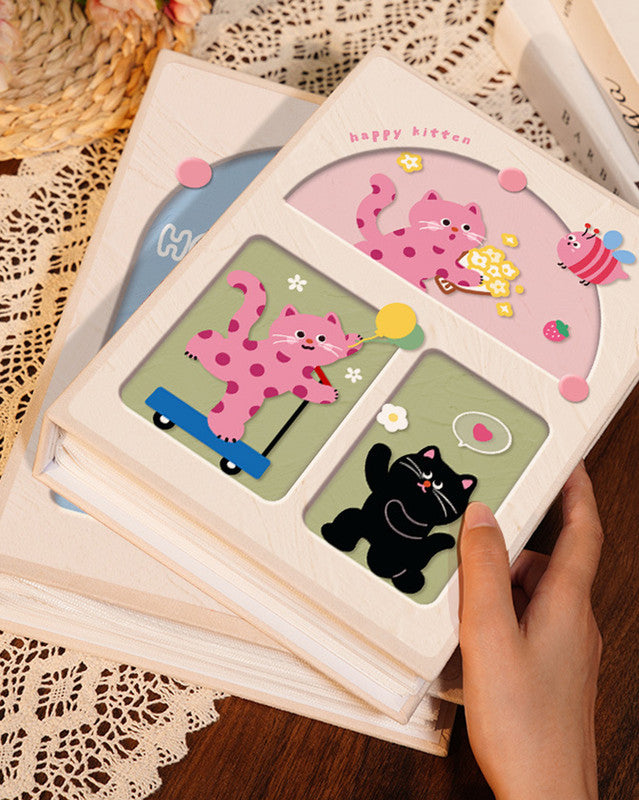 Cover 4 Colorful Cartoon cat pattern 6-Inch 100-Photo Cartoon Cat Album - Large Capacity Family Photo Storage Book with Suede and Crystal Cover