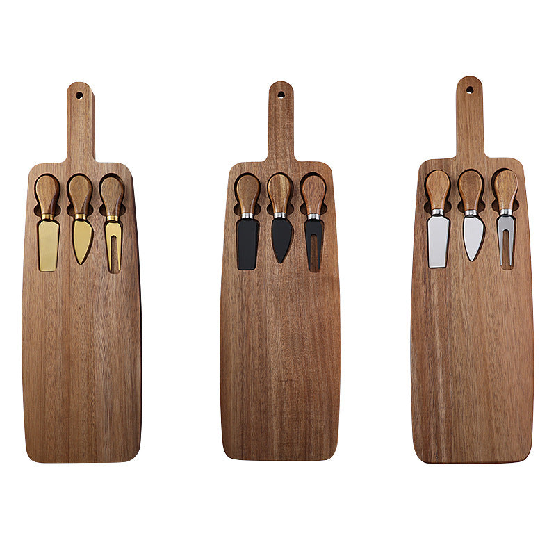 Brown And Black Premium Acacia Wood Cheese Board Set | Charcuterie Platter with 3 Stainless Steel Knives