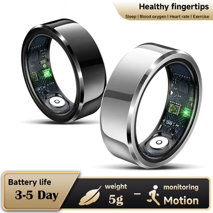 Silver Round 0.77inch Smart Ring with Heart Rate and Sleep Tracking - IP68 Waterproof Fitness Tracker with Step Counter