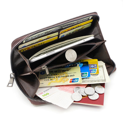Brown 2PCS Men's Premium Long Wallet - Business PU Leather Zip Around Card Holder with Multiple Slots & Pull-Tab Design