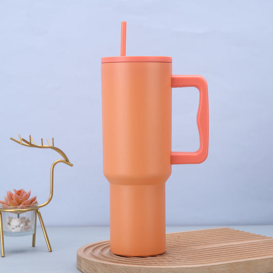 Orange 40oz Stainless Steel Tumbler with Handle & Straw - Large Capacity Car Cup