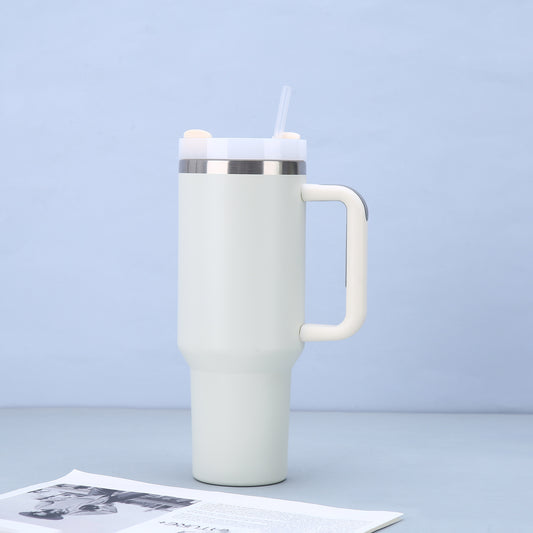 White 40oz Stainless Steel Tumbler with Handle & Straw - Large Capacity Insulated Travel Mug