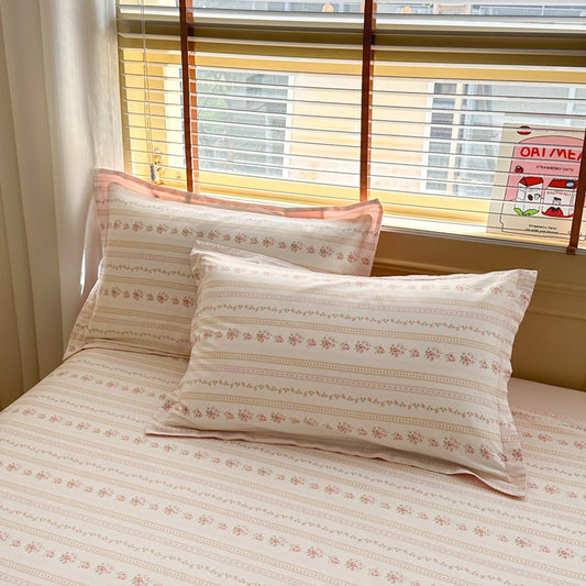 Flowers Pinstripe 100% Cotton Pillowcase Set (Pack of 2) - Breathable Standard Size 48x74cm Pure Cotton Pillow Covers