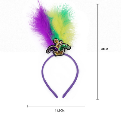 Yellow Clown Pattern Festive Mardi Gras Feather Headband Set - 10 Pack Sequin Jester Hat Party Accessory