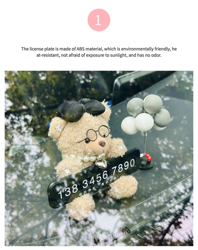 Cute Black Bow Teddy Bear Car Dashboard Decoration with Customizable Parking Number Plate and Colorful balloons - 12cm