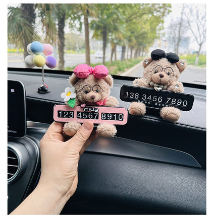 Cute Black Bow Teddy Bear Car Dashboard Decoration with Customizable Parking Number Plate and Colorful balloons - 12cm