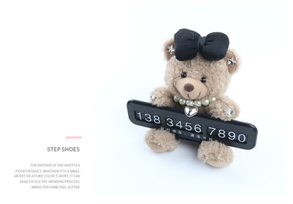 Cute Black Bow Teddy Bear Car Dashboard Decoration with Customizable Parking Number Plate and Colorful balloons - 12cm