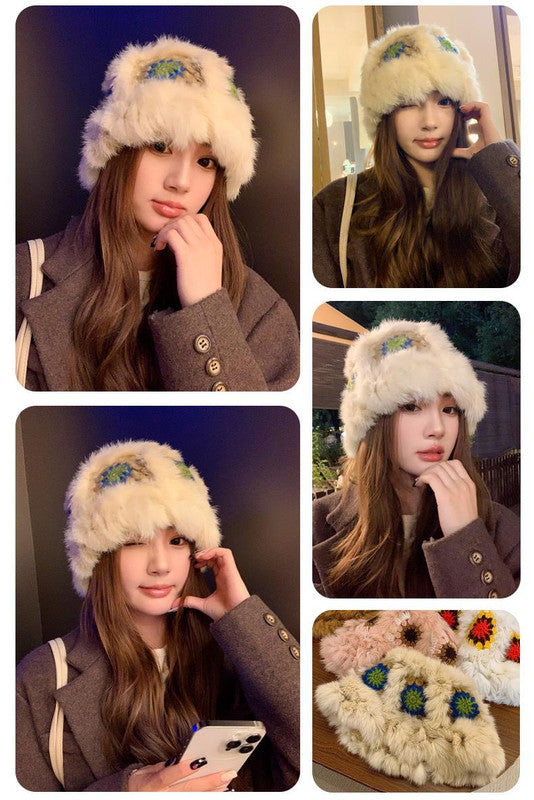 Plush Floral Bucket Hat,Warm Crocheted Winter Hat in White yellow-Hat circumference: 56-60cm