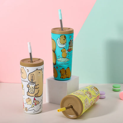 304 Stainless Steel Insulated Tumbler,Cartoon Design Portable Straw Cup for Home and Office(Light white)