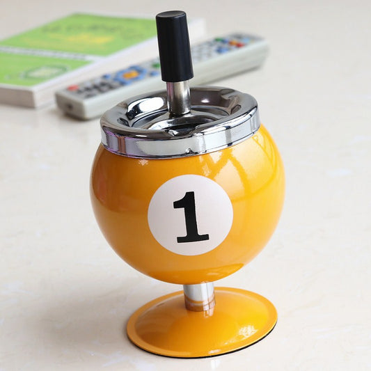 Billiard Ball Ashtray,Metal Covered Ash Holder with Anti-Fly Ash Design, Office Desk Decor(Yellow No. 1)